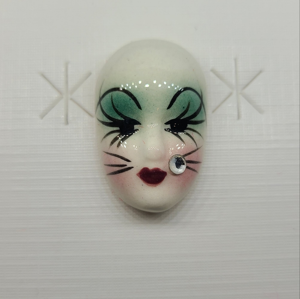 Vintage Fancy Faces Brooch Pin Handpainted Porcelain Mask with Rhinestone